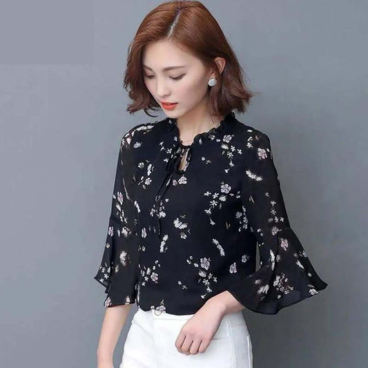 Women's Spring and Autumn Chiffon Short Sleeve Top Tie Bow Print T-Shirt