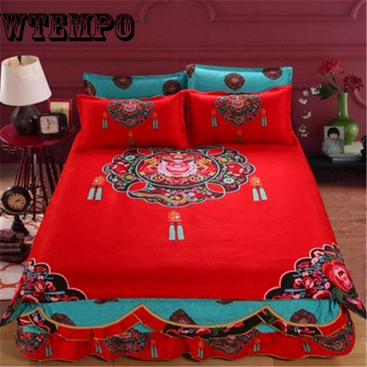 Bed Skirt Bedding Set Protective Pillowcase Cover Print King Queen Twin Bed Cover Spread