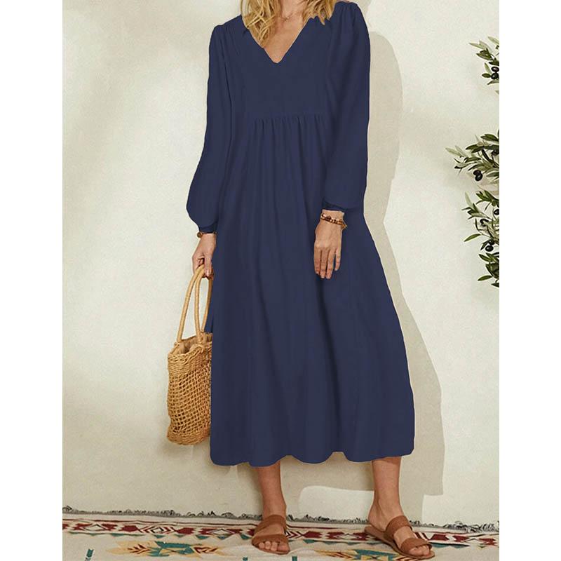 Spring Dress Women's Fashion Cotton Linen Loose Lantern Sleeve Dress