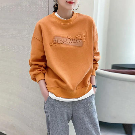 Vintage Women Sweatshirt Ultra Simple Sleeve Contrast Line Design Embroidery Crew Neck Loose Casual Sweatshirt