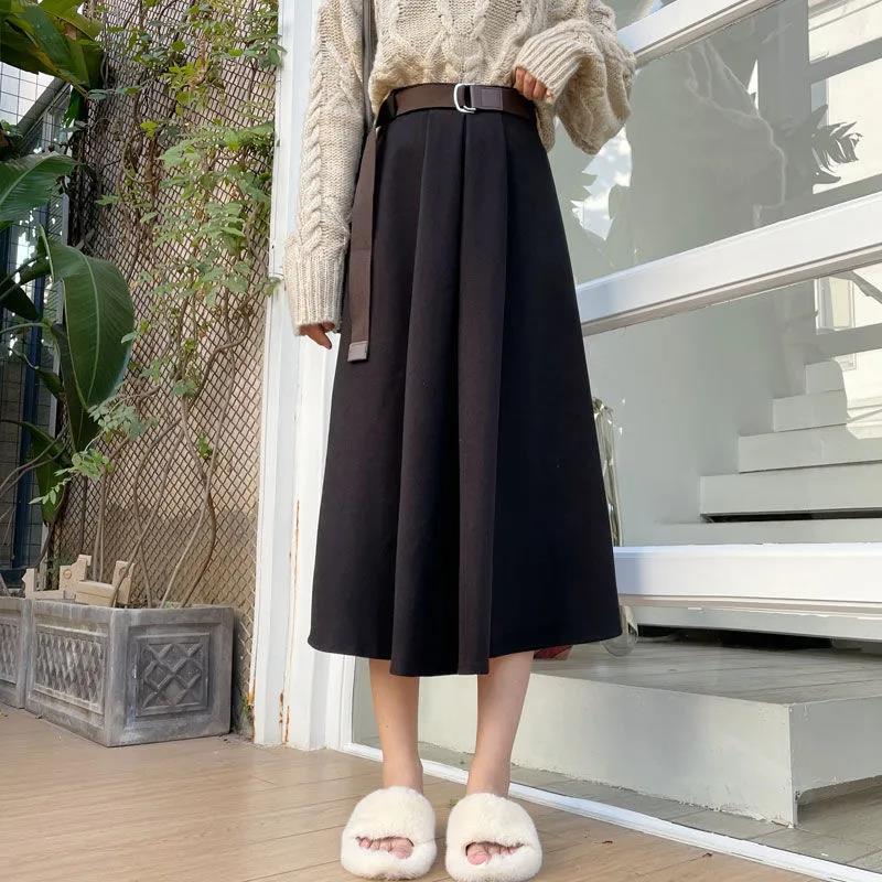 Autumn and Winter Belted Retro High Waist Slimming Korean Woolen A-line Mid-length Pleated Skirt