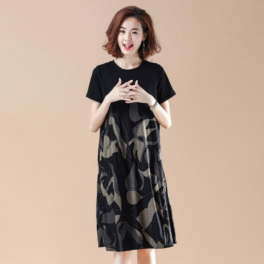 Large Size Women's Loose Belly Cover Stitching Mid-length Dress Round Neck Short-sleeved Straight Dress Printed Skirt Light and Breathable