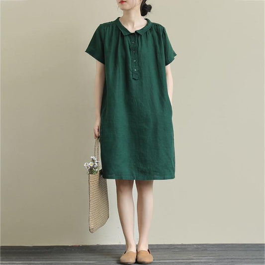 Breathable Linen Fabric Women Dress Loose Turn-down Collar Casual Loose Big Pocket Short Sleeve Buttons Dress