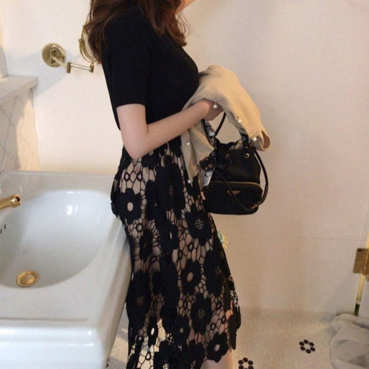 Summer Elegant Hollow Flower Embroidered Lace Skirt Large Size Women Vintage A-line Skirt Exquisite Retro Mid-length Lace Tulle Mesh Skirt