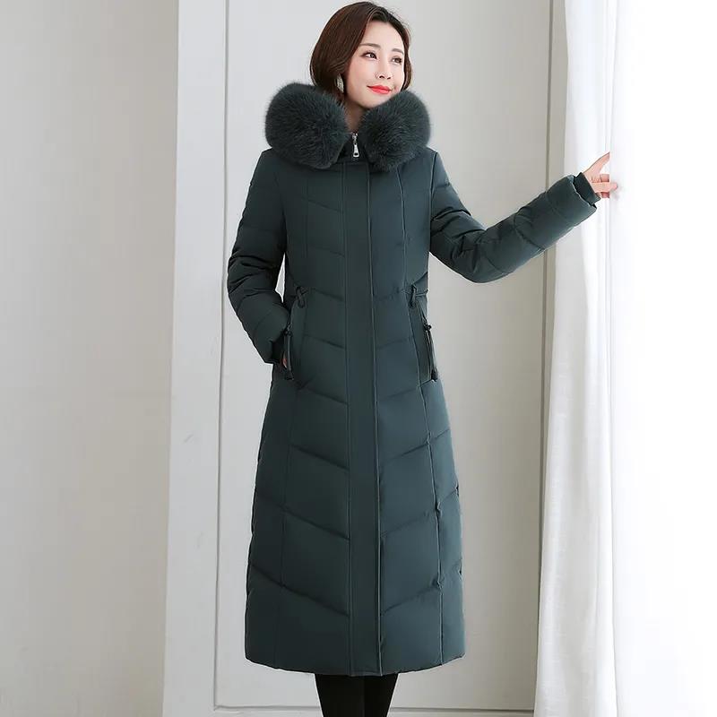 Winter Down Jacket Fashion Solid Color Hooded Parka Coat Thick and Warm Mid-length Down Cotton Jacket for Women