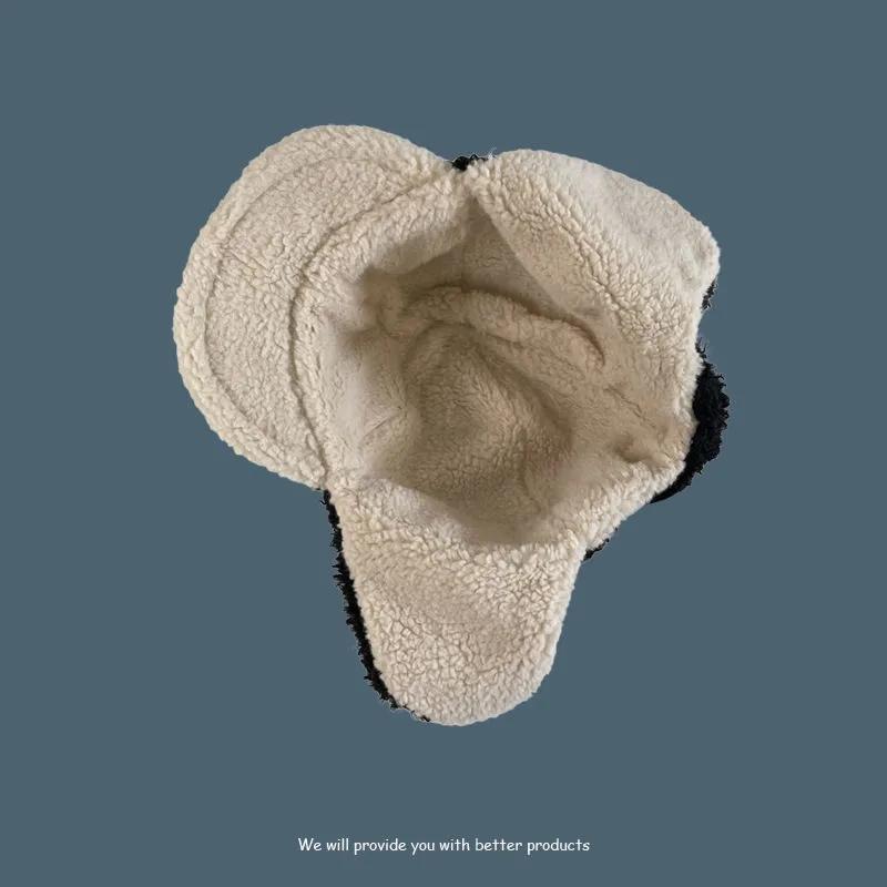 Women's Autumn and Winter Thickened Lamb Woolen Cap Korean Style Cute Cycling Cold Proof Warm Windproof Earmuff Head Hat Letter Embroidery Cap