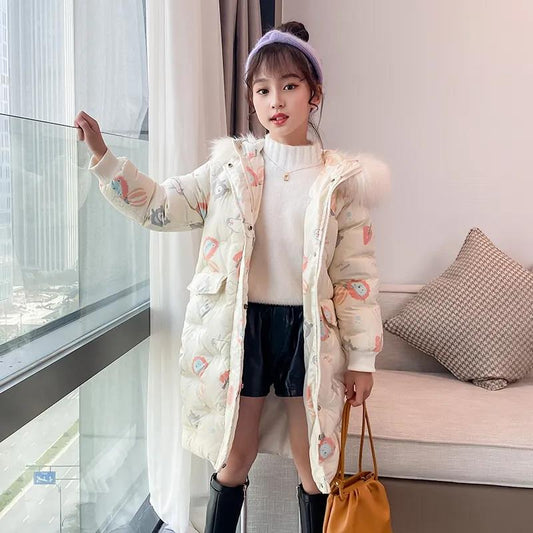 Girls' Winter Warm Cotton Coat Mid-length Thick Padded Jacket Little Girl Plus Velvet Windproof Down Jacket