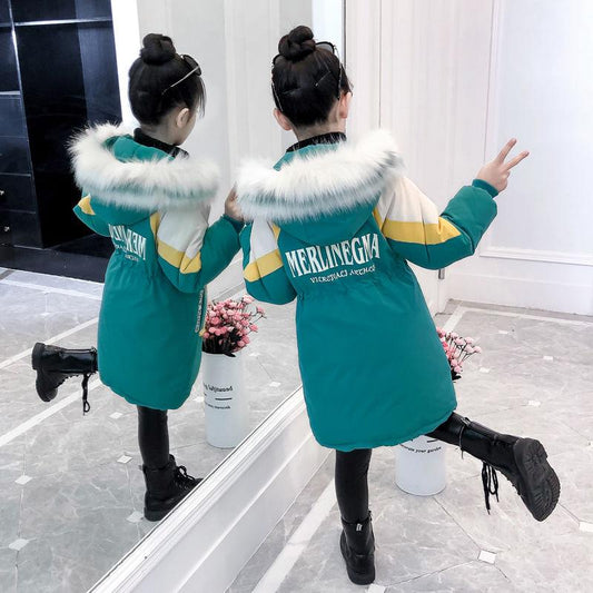 Winter Thicken Warm Big Fur Collar Girls' Cotton-padded Clothes Big Children's Children's Cotton-padded Clothes Mid-length Girls' Winter Coat Thicken