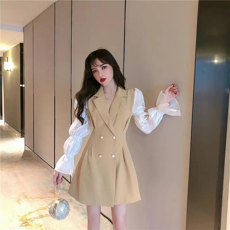 Temperament A-line Dress Spring and Autumn New Suit Skirt Temperament Puff Sleeves Long-sleeved Waist Dress Women's Summer