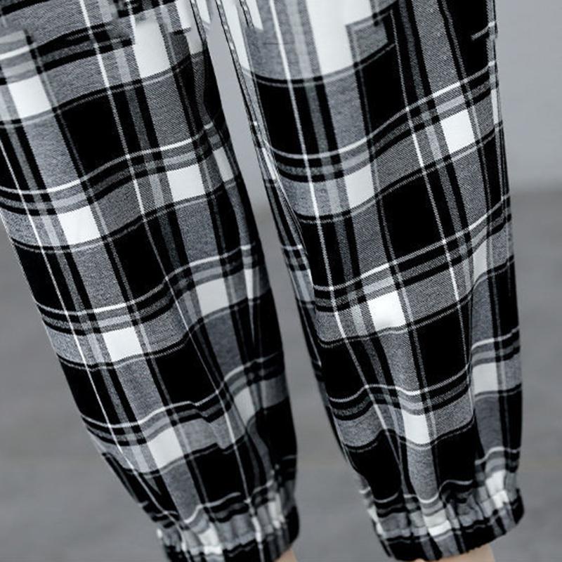 Women's 2-piece Workwear Plaid Suit Casual Harem Pants + Short Long Sleeve Jacket Loose and Comfortable Black and White Plaid