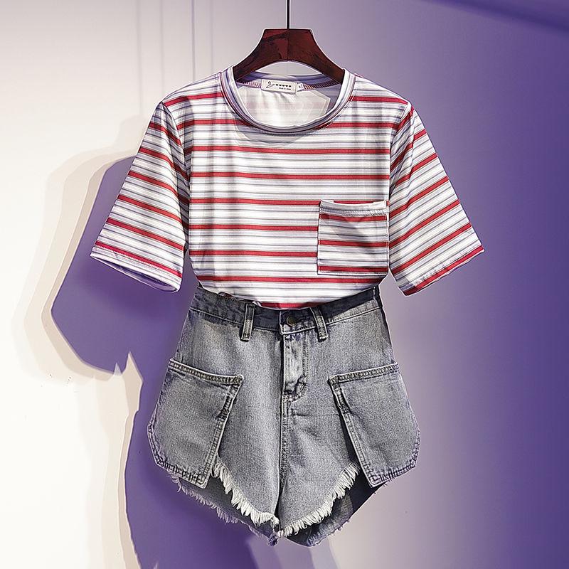 Fashion Summer T-shirt Set Loose Striped T-shirt Denim Short Two-piece Set Women Shorts Set Outfits