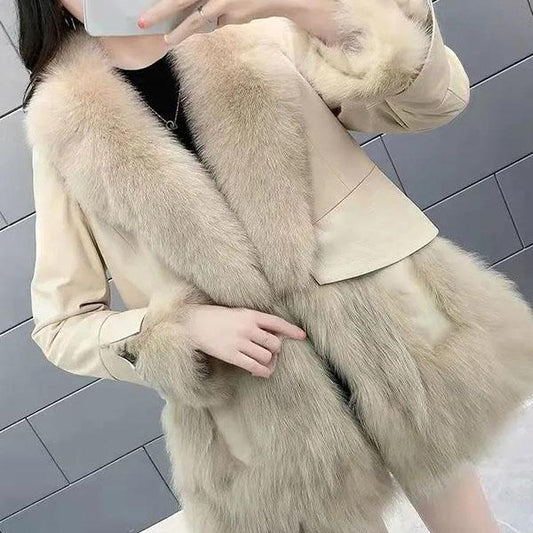 Women's Winter Fur Coat Plus Size Long Sleeve Fur Collar Slim Coat Female Solid Color Casual Warm Jacket