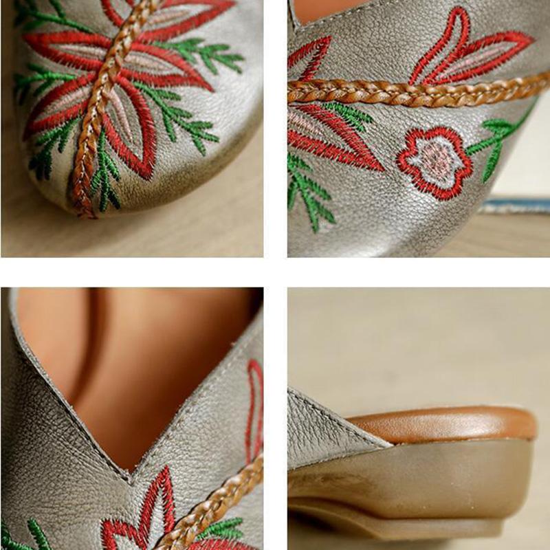 Leather Embroidered Flower Baotou Sandals Middle Heel Leather Retro Outer Wear Half Slippers Summer