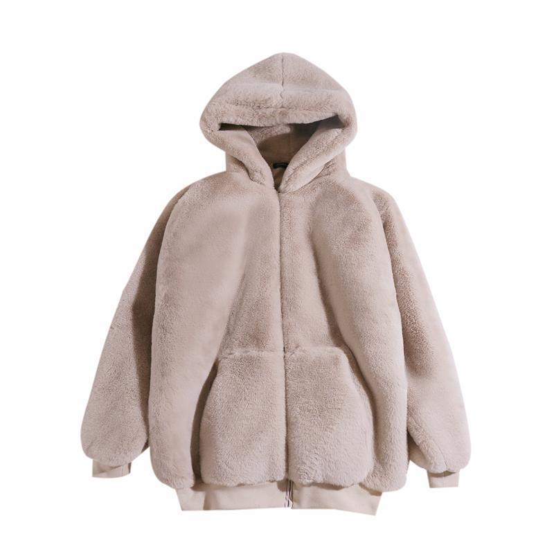 Loose Plush Fleece Jacket Women Winter Imitation Rex Rabbit Fur Grass Mid-length Thick Hooded Coat