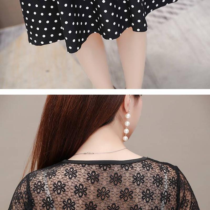 Large Size Women's Polka-dot Round Neck Short-sleeved Dress Female Self-cultivation Lace Temperament Mid-length Skirt A-line Skirt Waist Is Slim