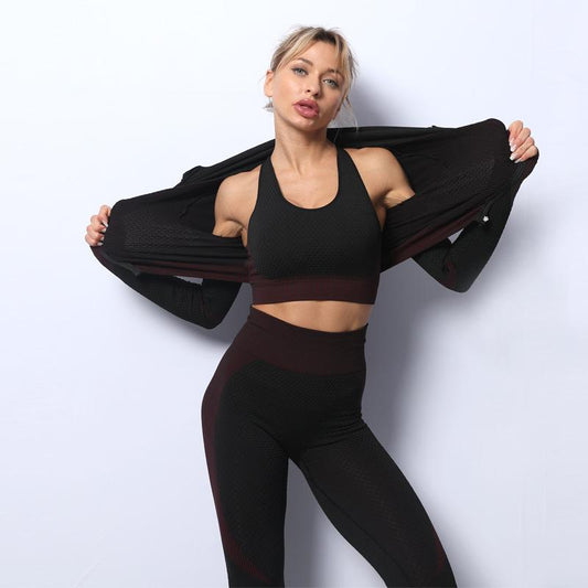 3PCS Seamless Knitted Yoga Suit Set Four Seasons Universal Hip Lift Fitness Sports Suit Gym Running Trousers Vest Long-sleeved Jacket Three-piece Set