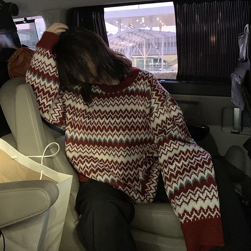 Vintage Printed Sweater Women Bottoming Sweater Loose Casual Knit Pullover Sweater Autumn Winter