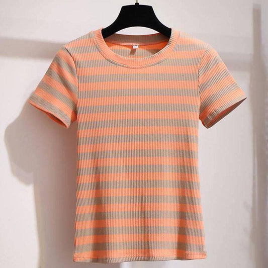 Women Casual Tops Pant 2 Piece Suit Summer Knitted Striped T-shirt Jeans Two-piece