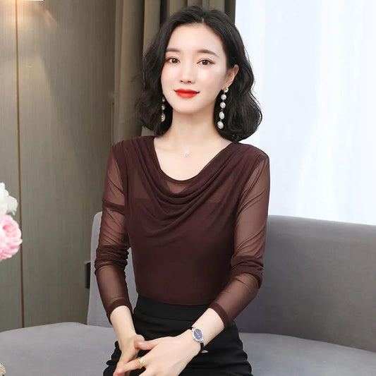 Women's Spring and Autumn Mesh Top Slim Fit Solid Color Long Sleeve T-Shirt