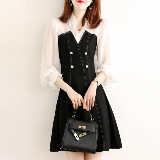 French Bellflower Skirt Fake Two-piece Dress Female Autumn Clothes Three-quarter Sleeve Temperament Waist Waist A-line Skirt