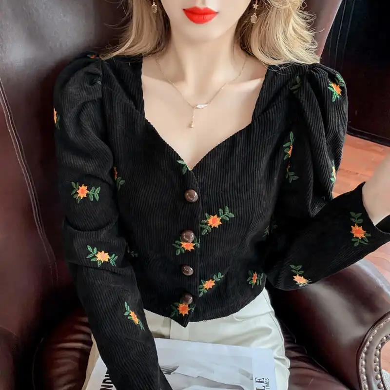 Women's Spring and Autumn Long Sleeve Shirt V-Neck Puff Sleeve Floral Short Top