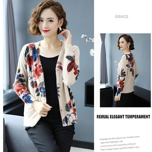 Autumn Winter Artificial Mink Cashmere Printed Knitted Cardigan Women's Short Sweater Coat Long-sleeved Loose Knitted Jacket
