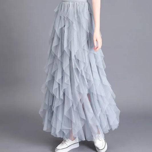 Spring Summer Sweet Cake Mesh Skirt Women's A-line Pleated Skirt Irregular Long Skirt Solid Color Fluffy Gauze Skirt Mid-length