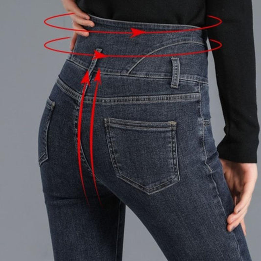 Black High-waisted Jeans Single-breasted Women's Winter Plus Velvet Thick Stretch Tight-fitting Thin Feet Pencil Long Pants