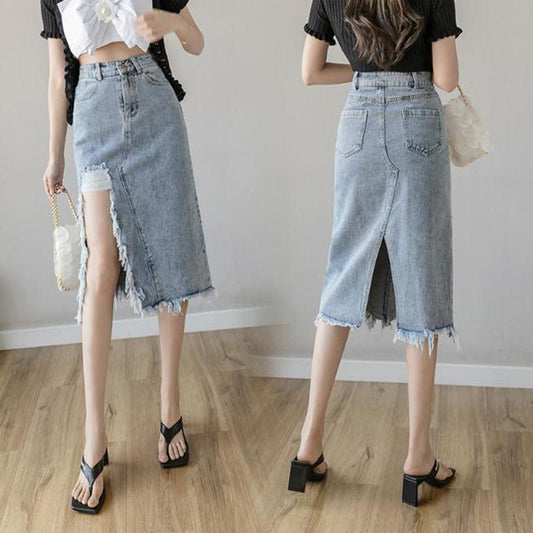 High-waist Denim Skirt Female Spring Summer Looks Thin Split Split Hole Mid-length Hip Skirt A-line Skirt