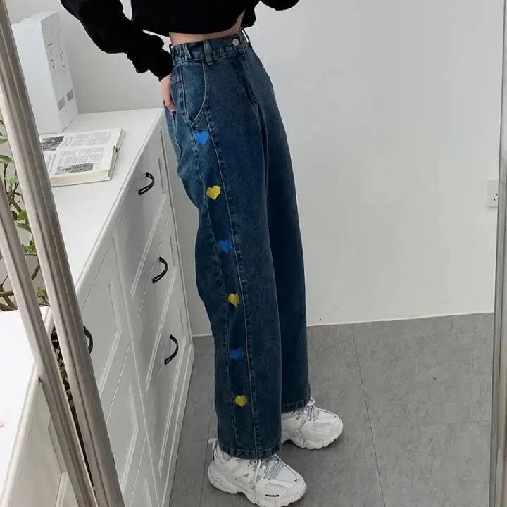 Love Embroidered Jeans Women's Straight Spring and Autumn High Waist Loose Korean Version Slim and Versatile Wide Leg Pants