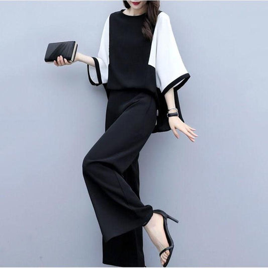 Women's Spring and Summer Two-piece Trousers Stitching Loose Round Neck Blouse Wide-leg Pants Casual Suit Plus Size Women's Clothing