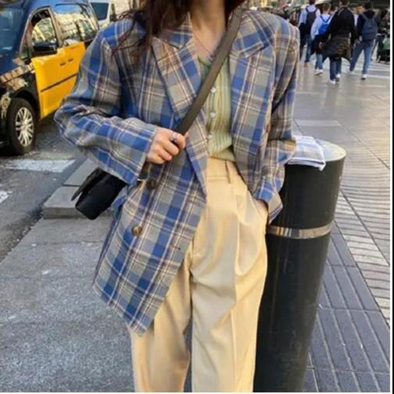 Spring and Autumn Clothes Loose Temperament Plaid Suit Mid-length Suit Jacket Jacket Women