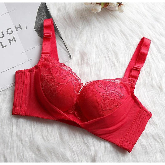 Women's Adjustable Underwear Exquisite Embroidery Sexy Lace Mesh Comfortable Cotton Solid Gathering Thick Padded Cup Bra Female Adjustable Brassiere