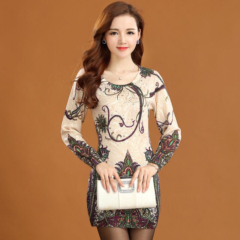 Women's Cashmere Sweater Printing Mid-length Wool Sweater Large Size Knit Sweater Dress Female Bottoming Dress Fall Winter