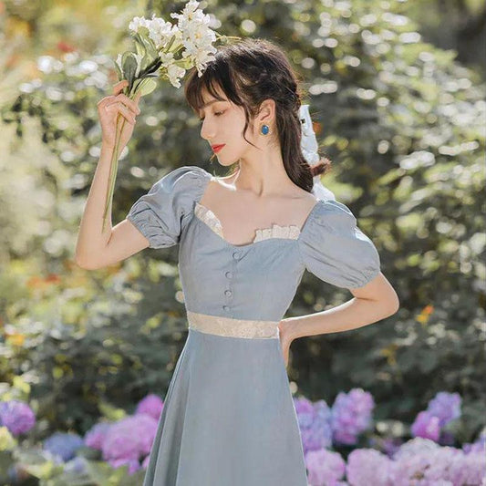 Women's Summer Puff Sleeve Dress Square Neck Thin Solid Color A-Line Skirt