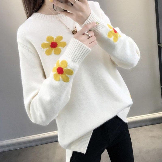 Autumn and Winter Round Neck Sweater Fashion Slim Bottoming Shirt Flower Pattern Simple Blouse