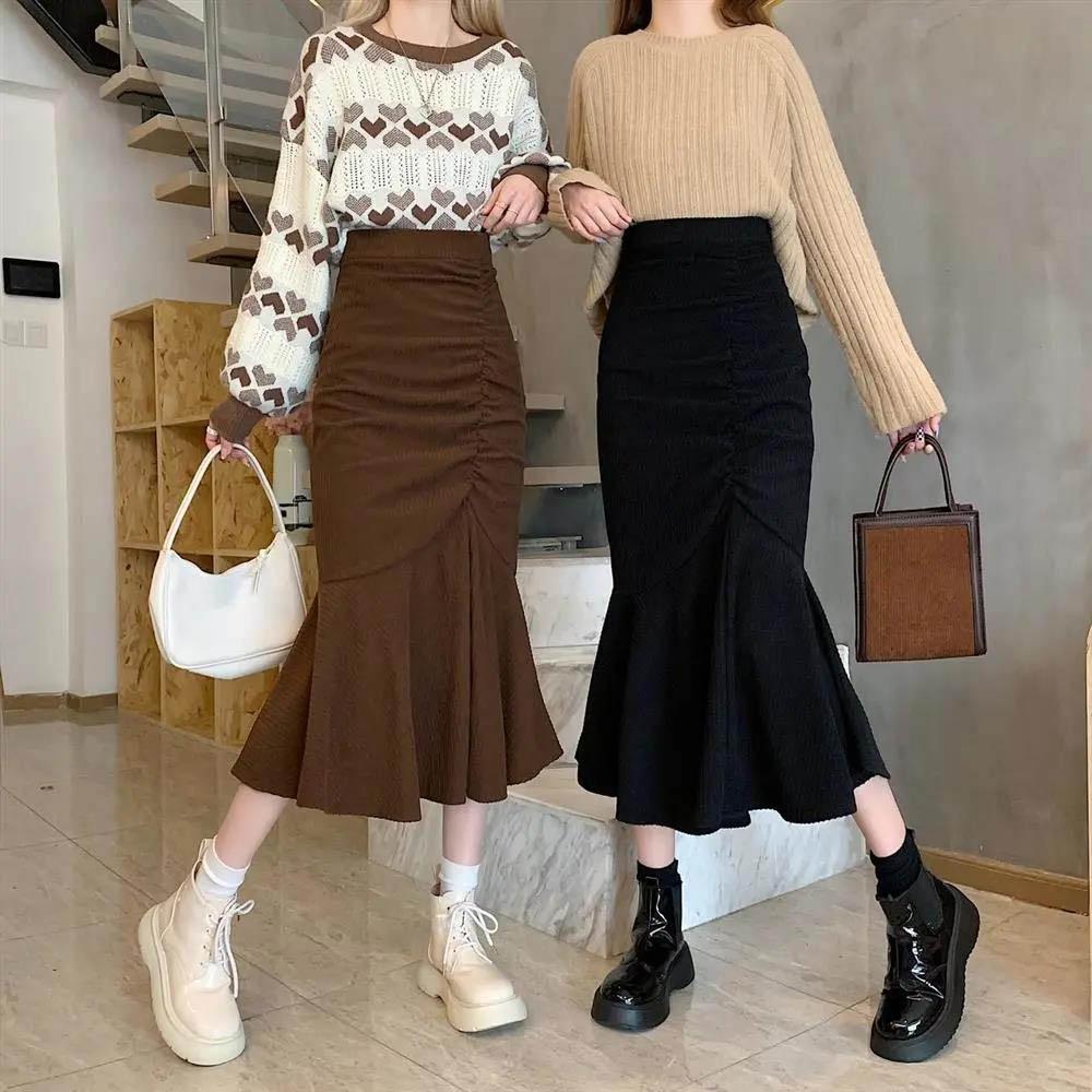 Wrench Cord Velvet Hip Skirt Autumn and Winter Waist Slim A Word Skirt Children Lotus Pleated Fish Tail Skirt