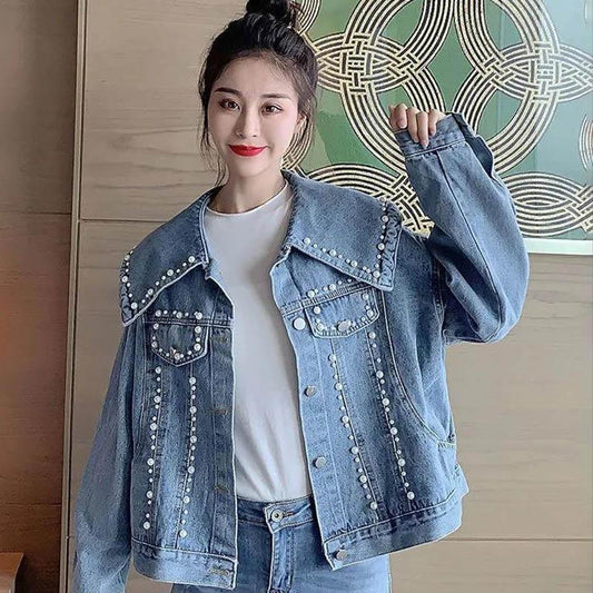 Loose Spring and Autumn Denim Jacket Women's Hong Kong Style Retro Beaded Cropped Top