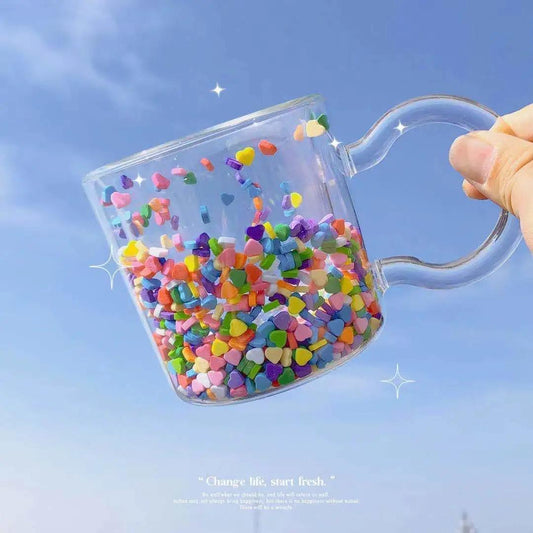 Ins Cute Girl Glass Flowing Love Bobo Cup Quicksand Cup Double Cup Water Cup Creative Gift Cup