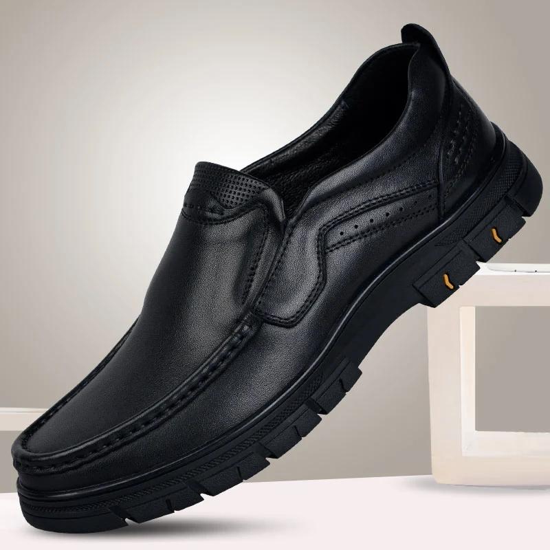 Real Cowhide Casual Leather Shoes Soft Sole Non-slip Cover Middle-aged and Elderly Dad Shoes Spring and Autumn Breathable Business Men's Shoes