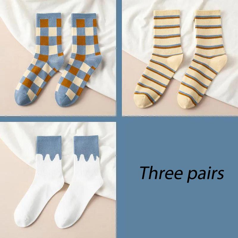 Three Pairs of Women's Socks Korean Fashion Plaid High Socks Autumn and Winter Retro Wild Pile Socks