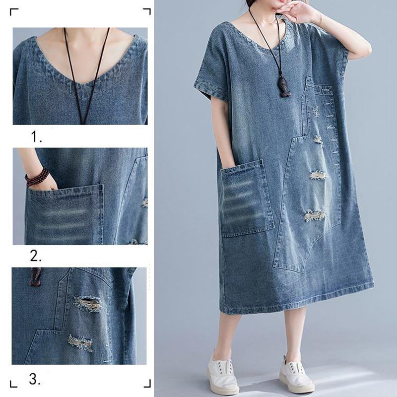 WTEMPO Loose Mid-length Frayed Dress Loose Literary Plus Size Summer Dress Denim Dress with Ripped V-neck