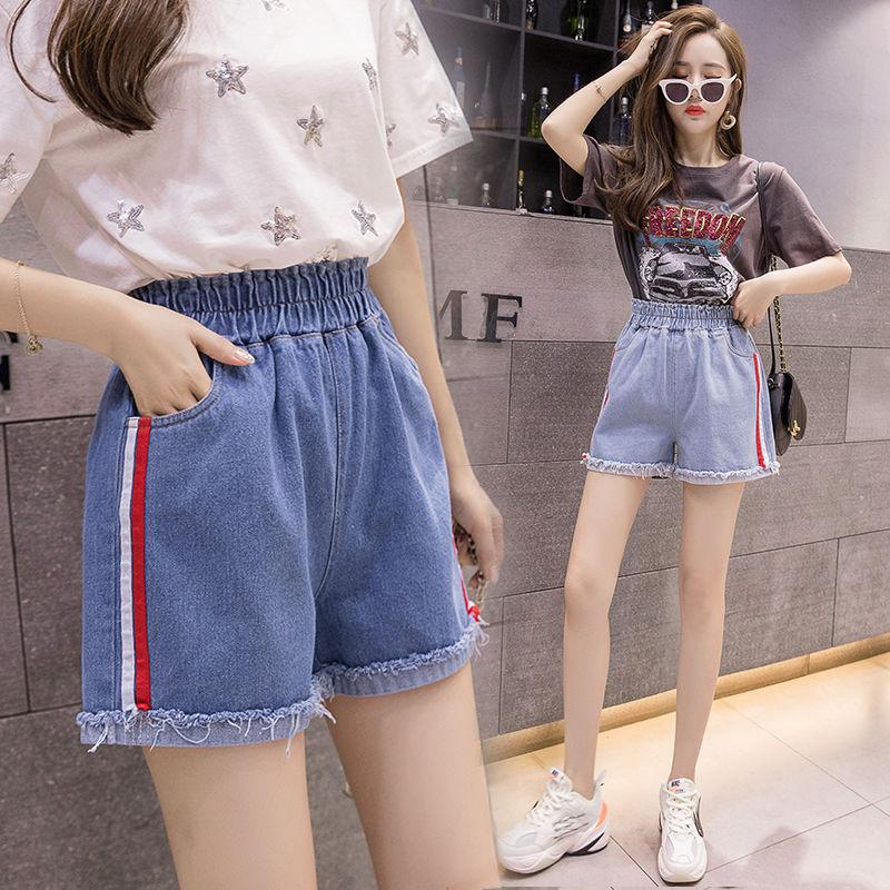 WTEMPO Spring and Summer Girl Women Denim Shorts Big Pocket Elastic Waist Loose A-line Thin Casual Jeans Wide Leg