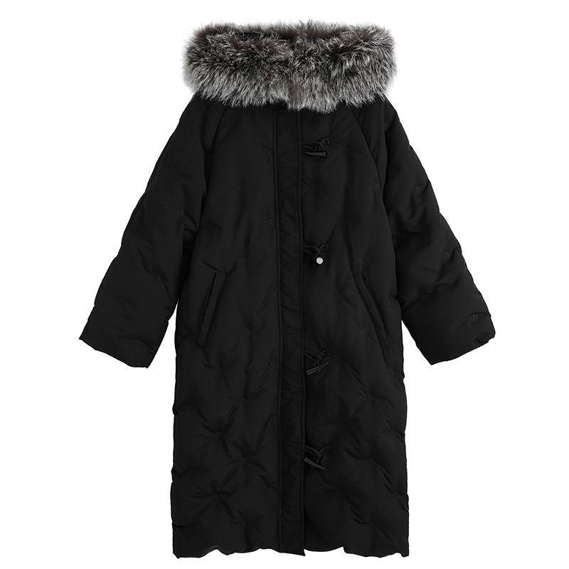 Fluffy Big Fur Collar Hooded White Duck Down Down Jacket Women's Mid-length Loose Women's Winter Thick Coat Button Design Winter Jacket