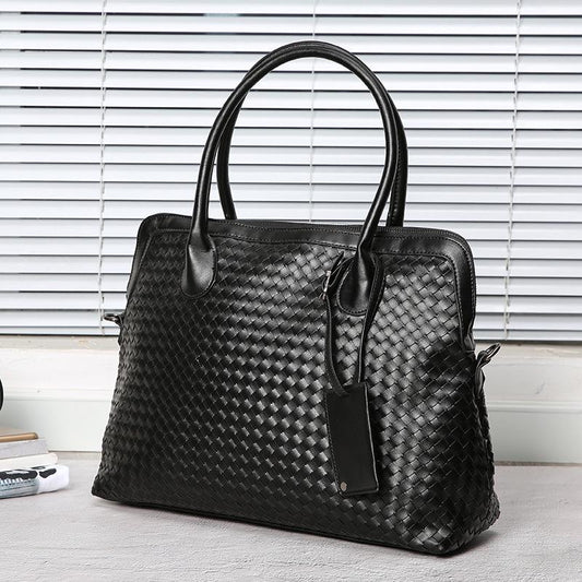Business Briefcase Men Fashion Woven Leather Zipper Waterproof Handbag Travel Computer Bag