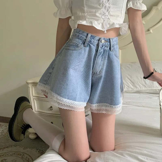 Sweet Denim Shorts for Women Wide Leg Cute Short Pants Summer High Waist Lace Edge Pants A-line Loose Jeans Pants High Waist Shorts Y2k Short Bottoms