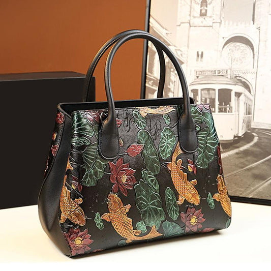 Female Bag Ethnic Style Large-capacity Retro Carved Leather Bag Middle-aged Mother Handbag Shoulder Bag