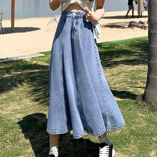 Skirts Women's Long Skirt Spring Summer Mid-length Denim Skirt Pleated Elastic High Waist Thin A-line Skirt