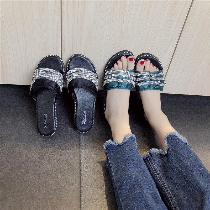 Rhinestone Lotus Leaf Slippers Female Summer Wear 2030 Korean Version of The Wild Word Open Toe Net Red Flat Sandals and Slippers