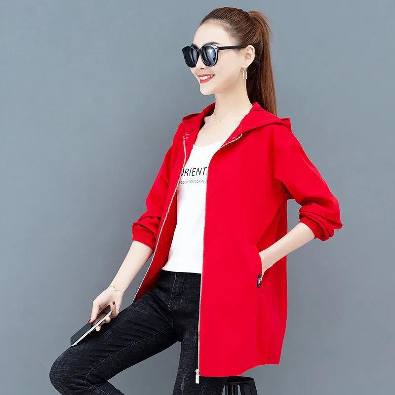 Women UV Protection Windbreaker Solid Color Hooded Jacket Casual Coat Boutique Soft Parka Mid Length